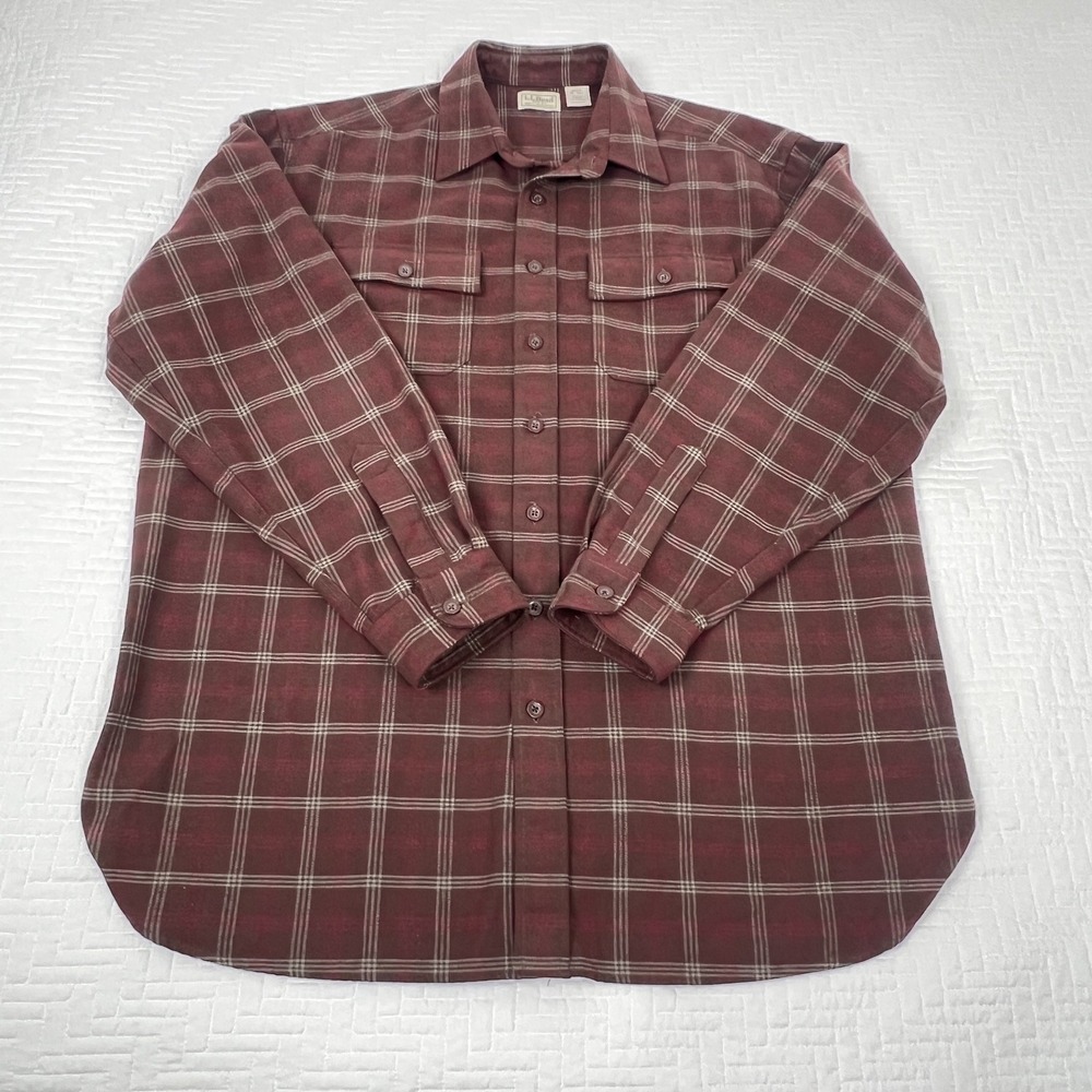 LL Bean Heavyweight Flannel Button Front Shirt XLT Plaid Work Outdoor Maroon